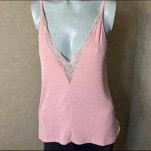 Light Pink Flowy Tank Top with Lace Detail; American Eagle; Size XS